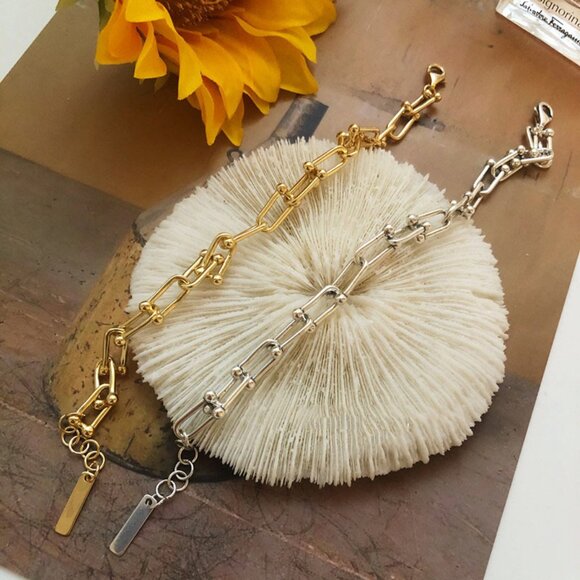 NEW Gold 925 Sterling Silver Horseshoe Link Chain Bracelet - Picture 2 of 4